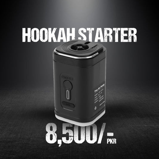 Black hookah starter device on a dark background with text indicating price.